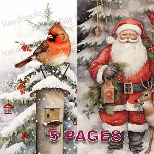 Pocztówka świąteczna Junk Journal Wydrukuj Ephemera Akwarela Clipart PNG Licencja komercyjna Natychmiastowe pobieranie Album ze zdjęciami Wiktoriański D619