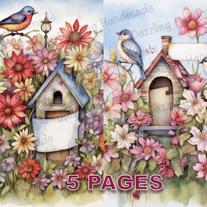 Shabby Vogelhaus und Blumen Postkarte Junk Journal druckbare Ephemera Aquarell kommerzielle Lizenz Sofortiger Download Scrapbook Vintage D576