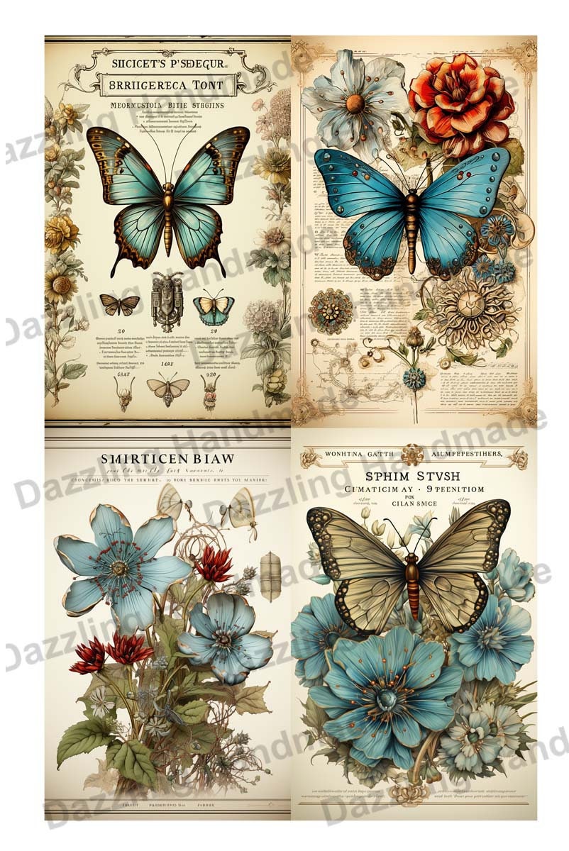 Vintage Blue Butterfly Junk Journal Printable Antique Ephemera Elements ...