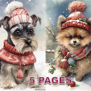 Weihnachten Hund Postkarte Junk Journal druckbare Ephemera Aquarell Clipart PNG kommerzielle Lizenz Sofortiger Download Scrapbook süße Art D135