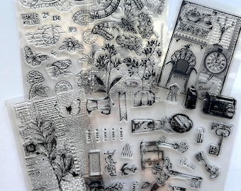 Vintage Stamps Clear Silicone Transparent Retro, flowers, key, clock elements, background, text  for journaling and cards cs177