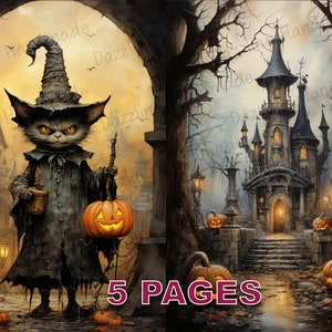 Halloween Victorian Spooky Postcard Junk Journal Printable Vintage Ephemera Watercolor Clipart PNG Commercial License Digital Download D034