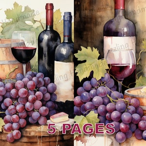 Shabby Wine and Grape Postcard Junk Journal Imprimable Ephemera Aquarelle Licence commerciale Téléchargement instantané Scrapbook vintage Art D611