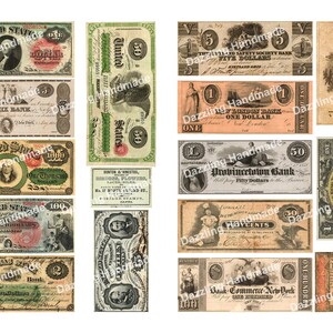 Może przedstawiać: Kolaż vintage banknot&oacute;w ze Stan&oacute;w Zjednoczonych, przedstawiający r&oacute;żne nominały i wzory. Banknoty są w r&oacute;żnym stanie zużycia i zniszczenia, co nadaje im historyczny i antyczny charakter.