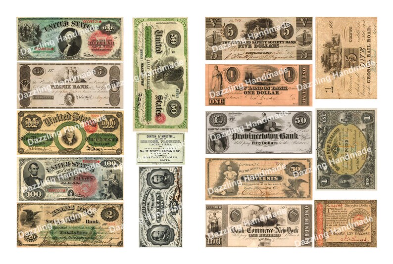 Może przedstawiać: Kolaż vintage banknot&oacute;w ze Stan&oacute;w Zjednoczonych, przedstawiający r&oacute;żne nominały i wzory. Banknoty są w r&oacute;żnym stanie zużycia i zniszczenia, co nadaje im historyczny i antyczny charakter.