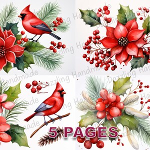 Cartão postal de pássaros de inverno, diário de lixo, imprimível, efêmera, aquarela, clipart, PNG, licença comercial, download instantâneo, scrapbook, natal, d473