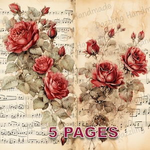 Cartão postal gasto de rosas e música, diário lixo para impressão, coisas efêmeras, aquarela, licença comercial, download instantâneo, álbum de recortes, arte vintage d286