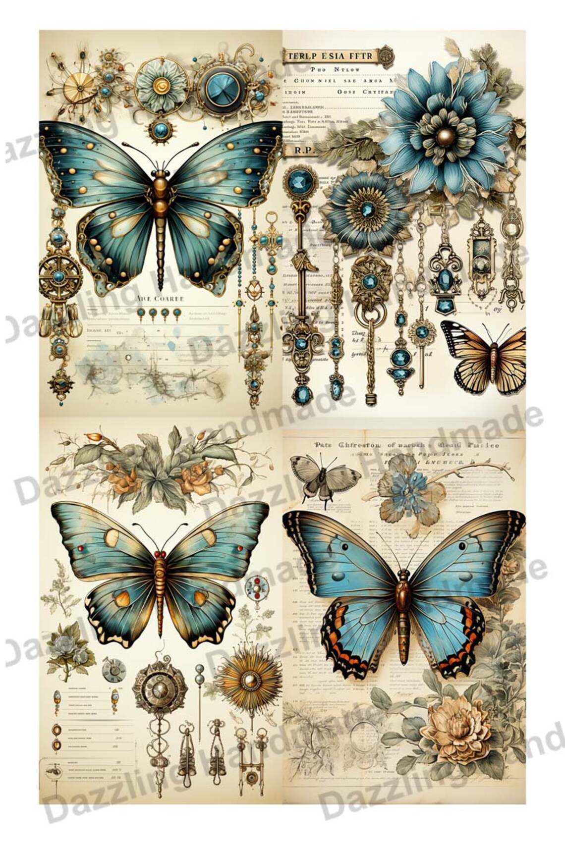 Vintage Blue Butterfly Junk Journal Printable Antique Ephemera Elements ...