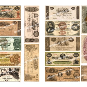 Może przedstawiać: Kolekcja zabytkowych banknot&oacute;w ze Stan&oacute;w Zjednoczonych. Banknoty przedstawiają r&oacute;żne nominały, w tym jeden, dwa, trzy, dwadzieścia pięć, pięćdziesiąt, sto i pięćset dolar&oacute;w. Banknoty są drukowane czarnym, zielonym i brązowym atramentem na białym papierze. Niekt&oacute;re banknoty mają ozdobne obramowania i ilustracje, podczas gdy inne są bardziej proste. Banknoty są w dobrym stanie i stanowiłyby świetne uzupełnienie każdej kolekcji.
