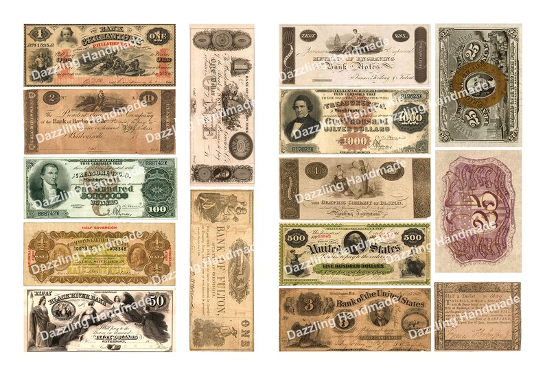 Może przedstawiać: Kolekcja zabytkowych banknot&oacute;w ze Stan&oacute;w Zjednoczonych. Banknoty przedstawiają r&oacute;żne nominały, w tym jeden, dwa, trzy, dwadzieścia pięć, pięćdziesiąt, sto i pięćset dolar&oacute;w. Banknoty są drukowane czarnym, zielonym i brązowym atramentem na białym papierze. Niekt&oacute;re banknoty mają ozdobne obramowania i ilustracje, podczas gdy inne są bardziej proste. Banknoty są w dobrym stanie i stanowiłyby świetne uzupełnienie każdej kolekcji.