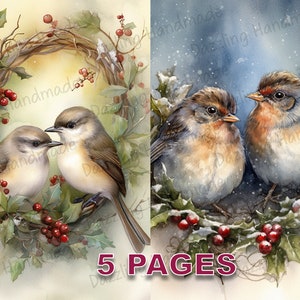 Winter Birds Postcard Junk Journal Imprimable Ephemera Aquarelle Clipart PNG Licence commerciale Téléchargement instantané Scrapbook Noël D206