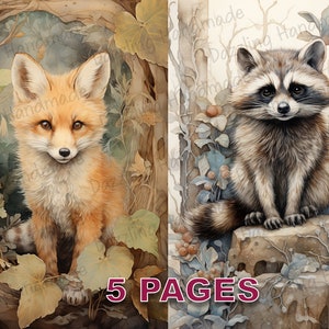 Niedliche Waldtiere Fuchs Waschbär Postkarte Junk Journal druckbare Ephemera Aquarell PNG kommerzielle Lizenz Sofortiger Download Scrapbook D044
