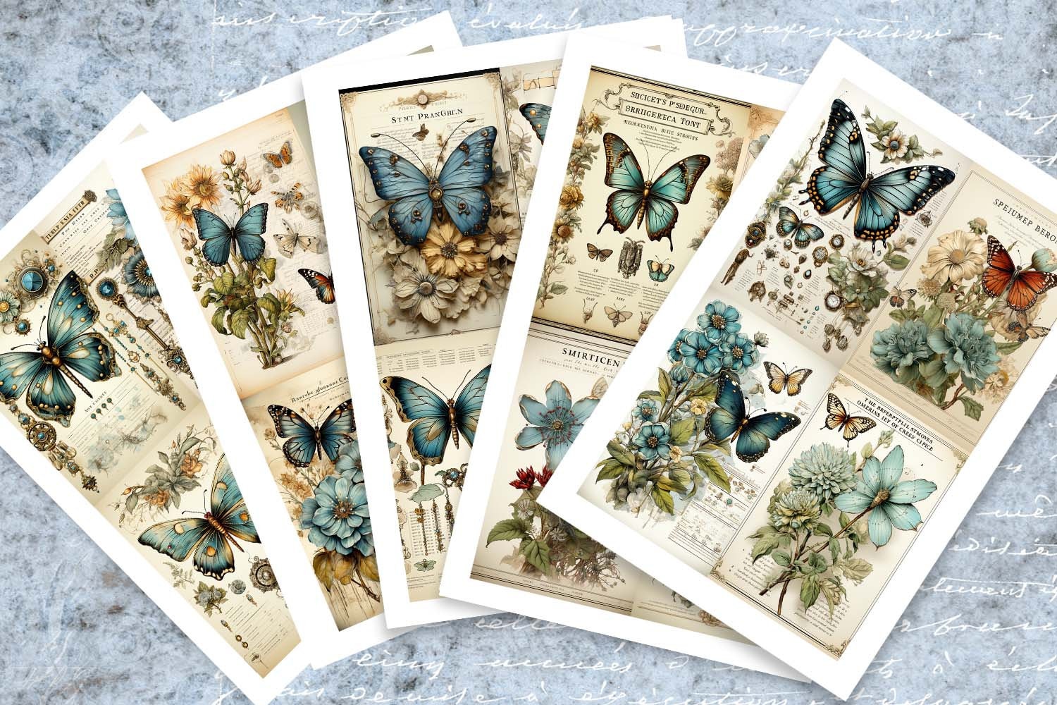 Vintage Blue Butterfly Junk Journal Printable Antique Ephemera Elements ...