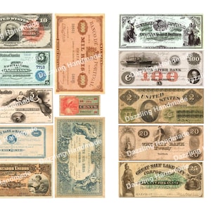 Może przedstawiać: Kolaż vintage'owych banknot&oacute;w z r&oacute;żnych kraj&oacute;w i okres&oacute;w. Banknoty przedstawiają r&oacute;żne wzory, w tym portrety, statki i budynki. Niekt&oacute;re banknoty są czarno-białe, a inne kolorowe. Wszystkie banknoty są w dobrym stanie i stanowiłyby świetne uzupełnienie każdej kolekcji.