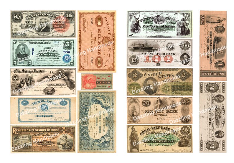Może przedstawiać: Kolaż vintage'owych banknot&oacute;w z r&oacute;żnych kraj&oacute;w i okres&oacute;w. Banknoty przedstawiają r&oacute;żne wzory, w tym portrety, statki i budynki. Niekt&oacute;re banknoty są czarno-białe, a inne kolorowe. Wszystkie banknoty są w dobrym stanie i stanowiłyby świetne uzupełnienie każdej kolekcji.