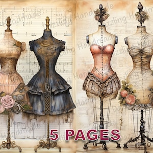 Victorien Tailor Mannequins Junk Journal Ephemera Imprimable vintage Aquarelle Clipart PNG Licence commerciale Téléchargement instantané Carte postale D258