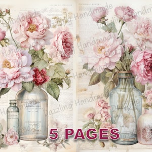 Vintage gasto rosas flores cartão postal lixo diário para impressão coisas efêmeras aquarela clipart licença comercial download instantâneo álbum de recortes D228