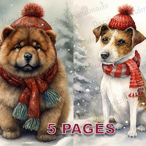 Weihnachten Hund Postkarte Junk Journal druckbare Ephemera Aquarell Clipart PNG kommerzielle Lizenz Sofortiger Download Scrapbook süße Art D132