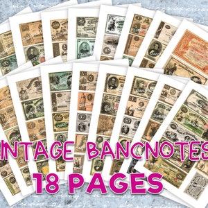 Może przedstawiać: Zbi&oacute;r 18 stron z zabytkowymi banknotami, przedstawiającymi r&oacute;żne nominały i wzory. Strony są ułożone wachlarzowo, z tekstem "Vintage Banknotes 18 Pages" nadrukowanym na r&oacute;żowo na dole.