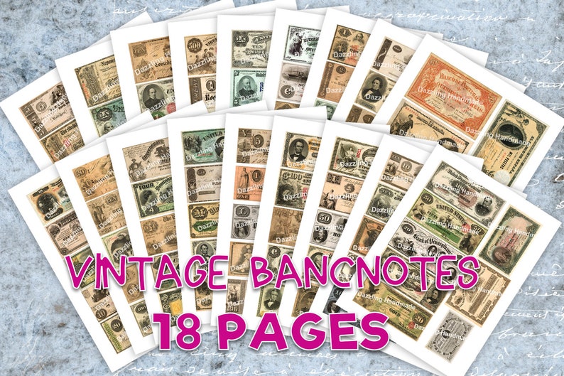 Może przedstawiać: Zbi&oacute;r 18 stron z zabytkowymi banknotami, przedstawiającymi r&oacute;żne nominały i wzory. Strony są ułożone wachlarzowo, z tekstem "Vintage Banknotes 18 Pages" nadrukowanym na r&oacute;żowo na dole.