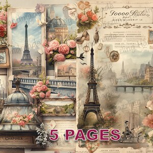 Vintage paris colagem frança cartão postal lixo diário imprimível efêmera aquarela licença comercial download instantâneo scrapbook viagem d271