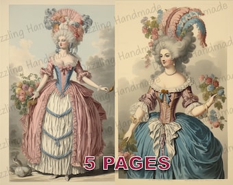 Może przedstawiać: Dwie vintage ilustracje kobiet w wyszukanych sukniach i fryzurach z XVIII wieku. Kobiety są przedstawione w lekkim, zwiewnym stylu z delikatnymi detalami. Ilustracje są wydrukowane na papierze o fakturowanej powierzchni.