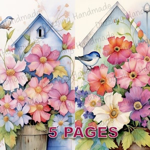 Cartão postal Shabby Bird House e Flowers Junk Journal para impressão Ephemera Aquarela Licença comercial Download instantâneo Scrapbook Vintage D572