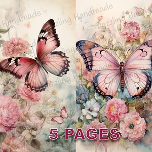 Borboleta e flores Coisas efêmeras vitorianas Junk Journal Coisas efêmeras para impressão em aquarela PNG Licença comercial Download instantâneo cartão postal D259