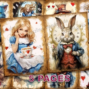 Pages du journal indésirable d'Alice au pays des merveilles imprimables JPG éphémères aquarelle sous licence commerciale Téléchargement instantané Scrapbooking Lapin blanc D790