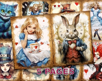 Alice in Wonderland Junk Journal Pages Printable JPG Ephemera Watercolor Commercial License Instant Download Scrapbook White Rabbit D790