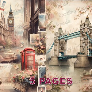 vintage Londres Collage Angleterre Carte postale Junk Journal Imprimable Ephemera Aquarelle Licence commerciale Téléchargement instantané Scrapbook Voyage D273
