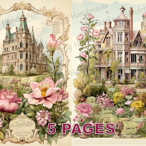 Viktorianisches Rosenhaus Postkarte Junk Journal druckbare Ephemera Aquarell kommerzielle Lizenz Sofortiger Download Vintage Scrapbook Schloss D300