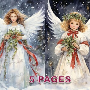 Anjo de Natal Cartão postal vitoriano Diário de lixo Imprimível Ephemera Aquarela Clipart PNG Licença comercial Download instantâneo Scrapbook D593