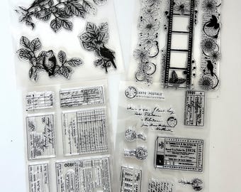 Vintage Stamp Stamps Clear Silicone Transparent elements Flowers, text, postage stamp, background for journaling and cards cs135