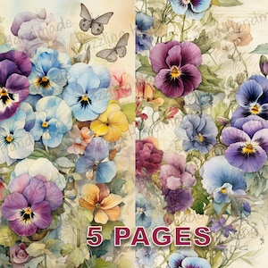 vintage Pansy Violet Flowers Carte postale Junk Journal Imprimable Ephemera Aquarelle PNG Licence commerciale Téléchargement instantané Scrapbook Art D093