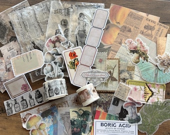May include: A collection of vintage-style paper ephemera, including clear stamps, decorative stickers, and washi tape. Items feature botanical illustrations, mushrooms, butterflies, apothecary bottles, and a label reading BORIC ACID J.B. DONOVAN & CO.