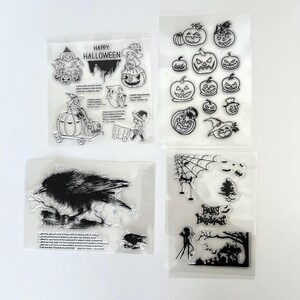 Halloween SET of 4 Stamp Clear Silicone Transparent witch, crow, cute ghost, happy halloween, pumpkin  for journaling and cards cs69