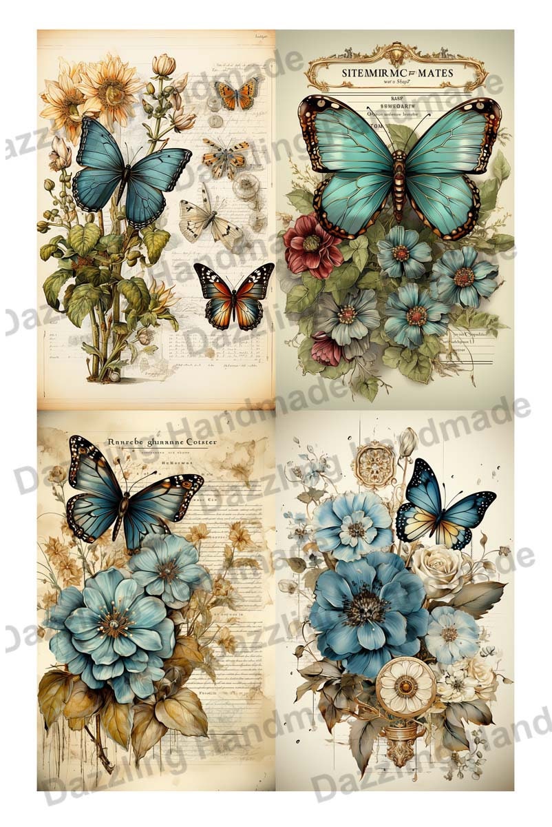 Vintage Blue Butterfly Junk Journal Printable Antique Ephemera Elements ...