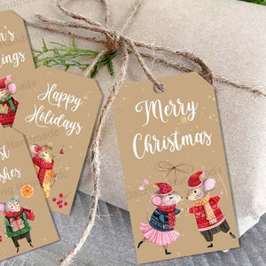 Etiquetas de regalo de Navidad imprimibles - Ratones vintage Feliz Navidad, Saludos de temporada, Felices fiestas, Diario basura Licencia comercial digital