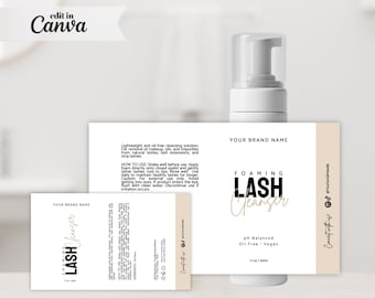 May include: A white bottle with a black pump dispenser labeled "FOAMING LASH Cleanser" with the text "YOUR BRAND NAME" and "pH Balanced Oil Free - Vegan 1 fl oz / 50ml" on a beige label.