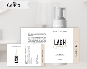 May include: A white bottle with a black pump dispenser labeled "FOAMING LASH Cleanser" with the text "YOUR BRAND NAME" and "pH Balanced Oil Free - Vegan 1 fl oz / 50ml".