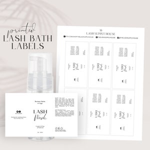 May include: Printable labels for lash bath bottles. The labels are white with black text and feature the text "Lash Wash" and "The Lash Supply House".