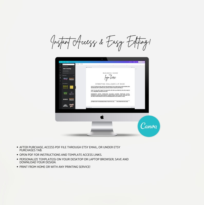 May include: A computer screen displaying a Canva design template for a hydrating collagen lip mask. The template includes a space for a business name and logo. The text on the screen reads "Business Name by Logo Here Hydrating Collagen Lip Mask".