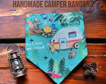 Handmade Camping Dog Bandana, Woodland Animals, Camper, Over-the-Collar Style