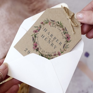 Flüsterkranz Hochzeit Save the Date Karte | Save the Date Tags | Rustikales Briefpapier | Wildblumen Save the Date