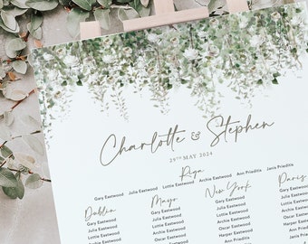 Greenery Wedding Table Plan, Wedding Seating Chart, Table Plan Board, Eucalyptus, Green Leaves, Foliage, Sage Green, 'Whimsical WIndsor'''