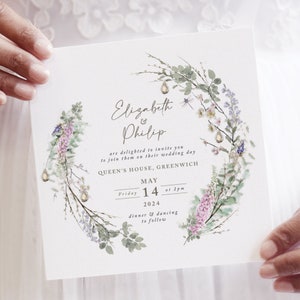 Boho Wedding Invitation, Rustic Wedding Invites,Wedding Invitations, Spring wedding invites &#39;Whimsical Wreath&#39; collection SAMPLE