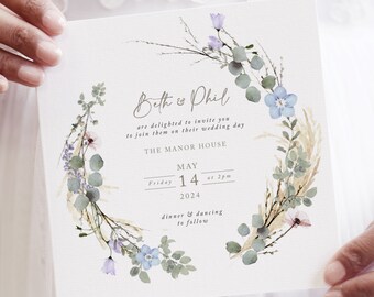 Wildflower Wreath Wedding Invitation, Rustic Wedding Invites, Rustic Wedding Invitation, 'Periwinkle Wreath' SAMPLE