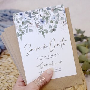 Salbeigrüne Hochzeit Save the Date Karten, Hochzeit Save the Dates, Rustikale Save the Date Karten, Kollektion 'Winter Laub'