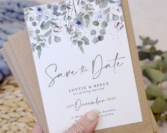 Sage Green Wedding Save the Date Cards, Wedding Save the Dates, Rustic Save the Date Cards, 'Winter Foliage' collection